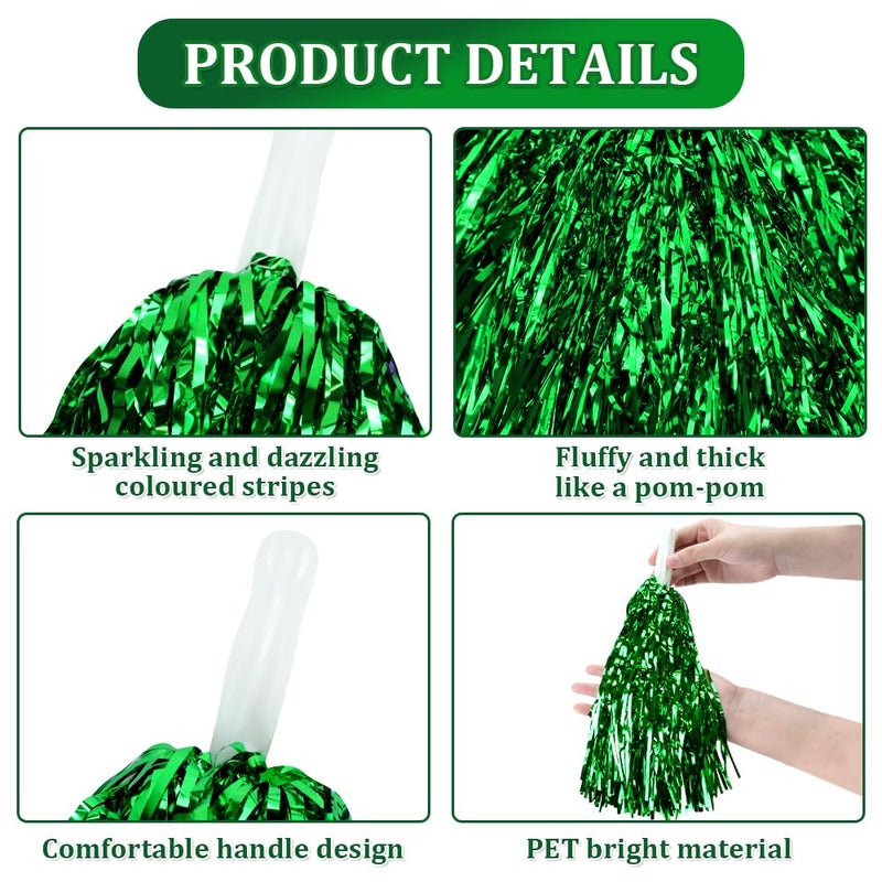 CUGBO 24Pcs Cheerleading Pom Poms, 1 Dozen Handle Metallic Foil Flower Ribbons Cheerleader Pompoms, Kids Children Ball Dance Sports Coaches Game Party Fancy (Green) - Image 3